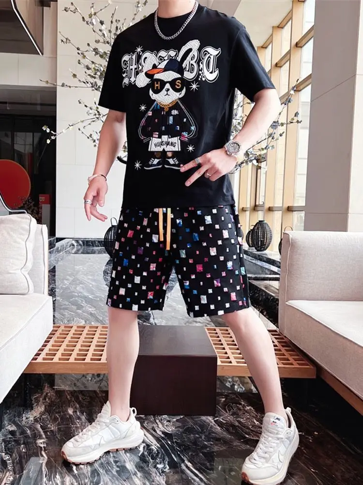 

2024 Summer Men's Trend Men's Short Sleeve T-Shirt Business Print Fashion Versatile Two-Piece Set