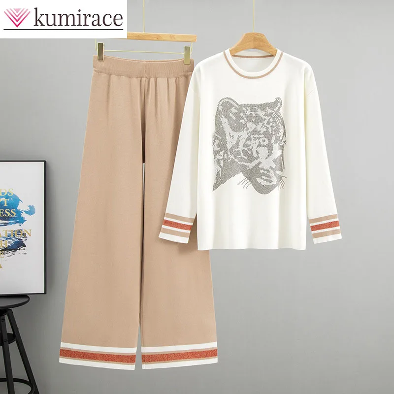 

2025 Autumn/Winter New Fashion Hot Diamond Leopard Head Knitted Set for Women's Fashion Loose Sweater Two Piece Set Pant Sets