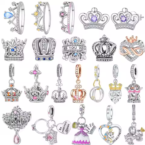 Original 925 Sterling Silver Princess Crown Charm Bead Ear Stud Ring Pendant Fit Necklace Bracelet Women Jewelry DIY Gift