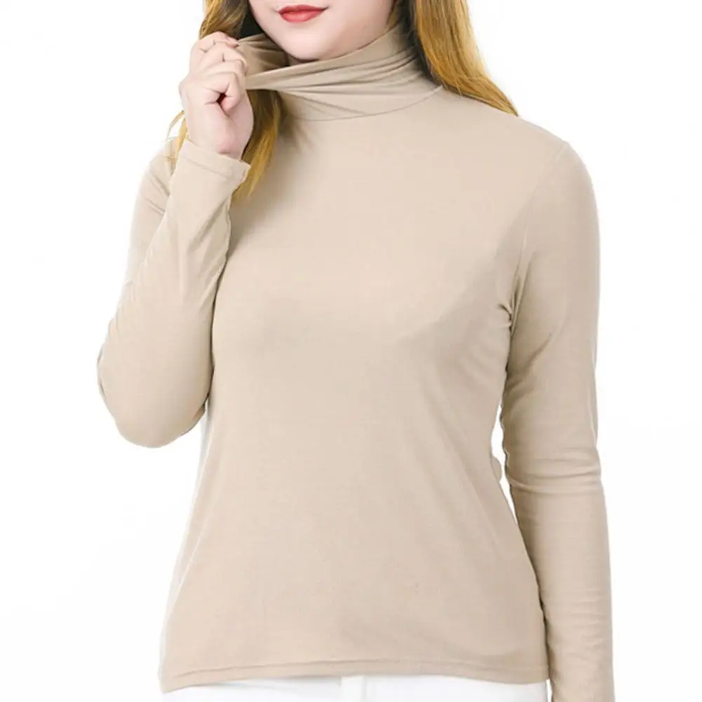 Turtleneck Women Basic T-Shirt Casual Solid Long Sleeved Blouse Tops Slim Fit Stretchy Versatile Tee Shirts Black T Shirt