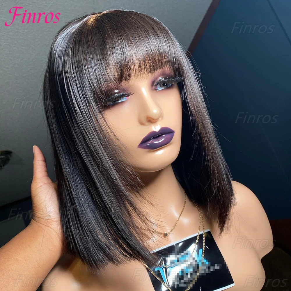 3x1レースミドルパートショートボブ人毛前髪付き180-密度ショートストレートフリンジウィッグ黒人女性用ブラジリアンレミー