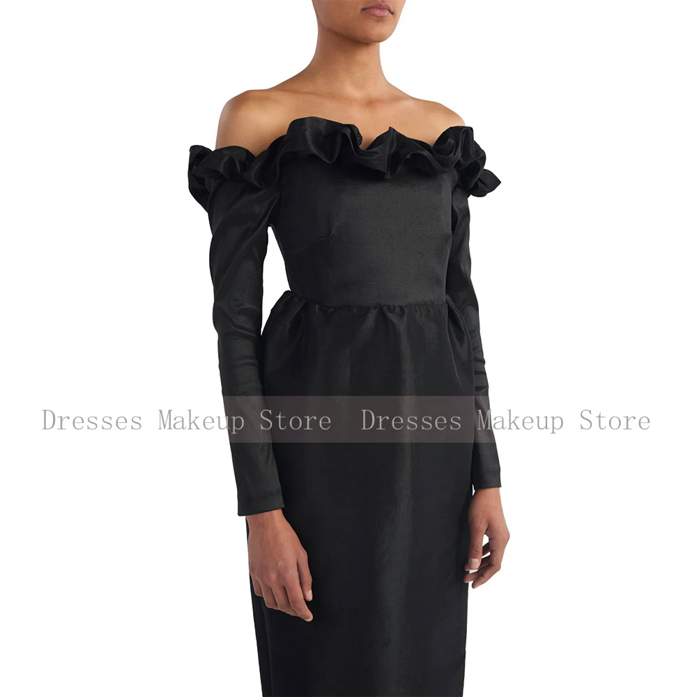 Midi ชุดราตรีสีดําซาติน Ruffle ปิดไหล่คอลัมน์ชุดราตรีสําหรับผู้หญิง 2025 แขนยาวชาความยาว Party Dresses