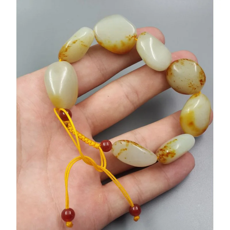 Hetian Jade White Jade Bracelet Xinjiang Hetian Jade Jade Pebble Rough Stone Generation Red Leather Rough Stone Bracelet for Men