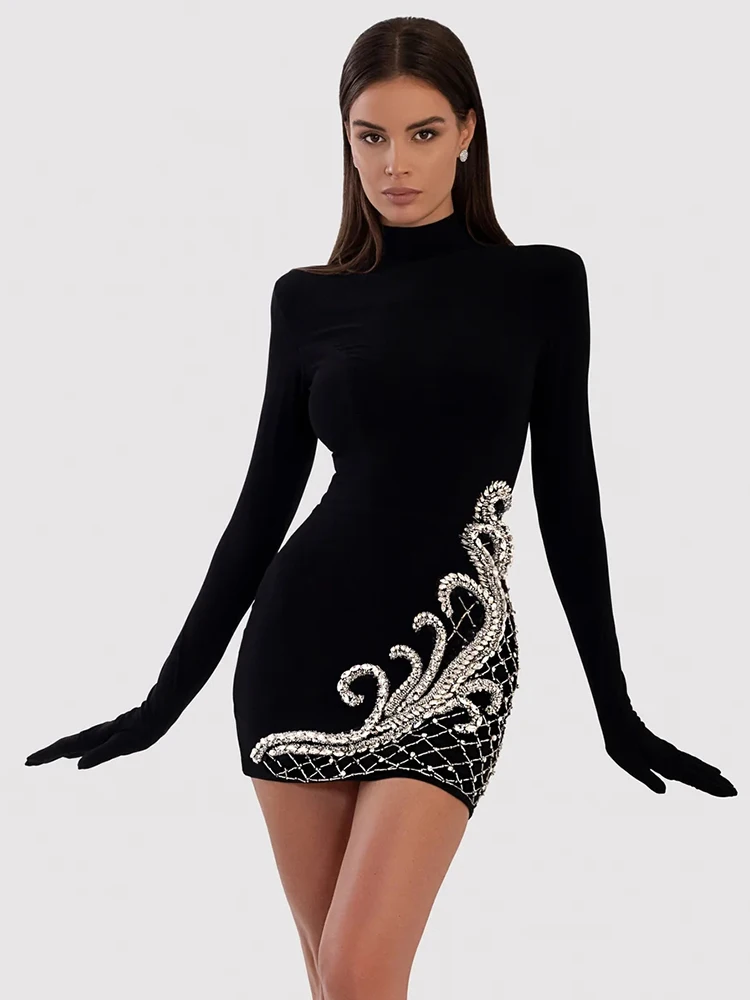 PB Hotsale Luxury Diamond Tight Black Women'S Sexy High Neck Long Sleeve Crystal Bodycon Dress Elegant Evening Party Mini Dress