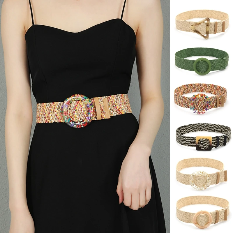 Vintage Bohemian Straw Braided Wide Belt for Women Colorful Buckle Ladies Dress Belt Fashion Female Strap Accessories