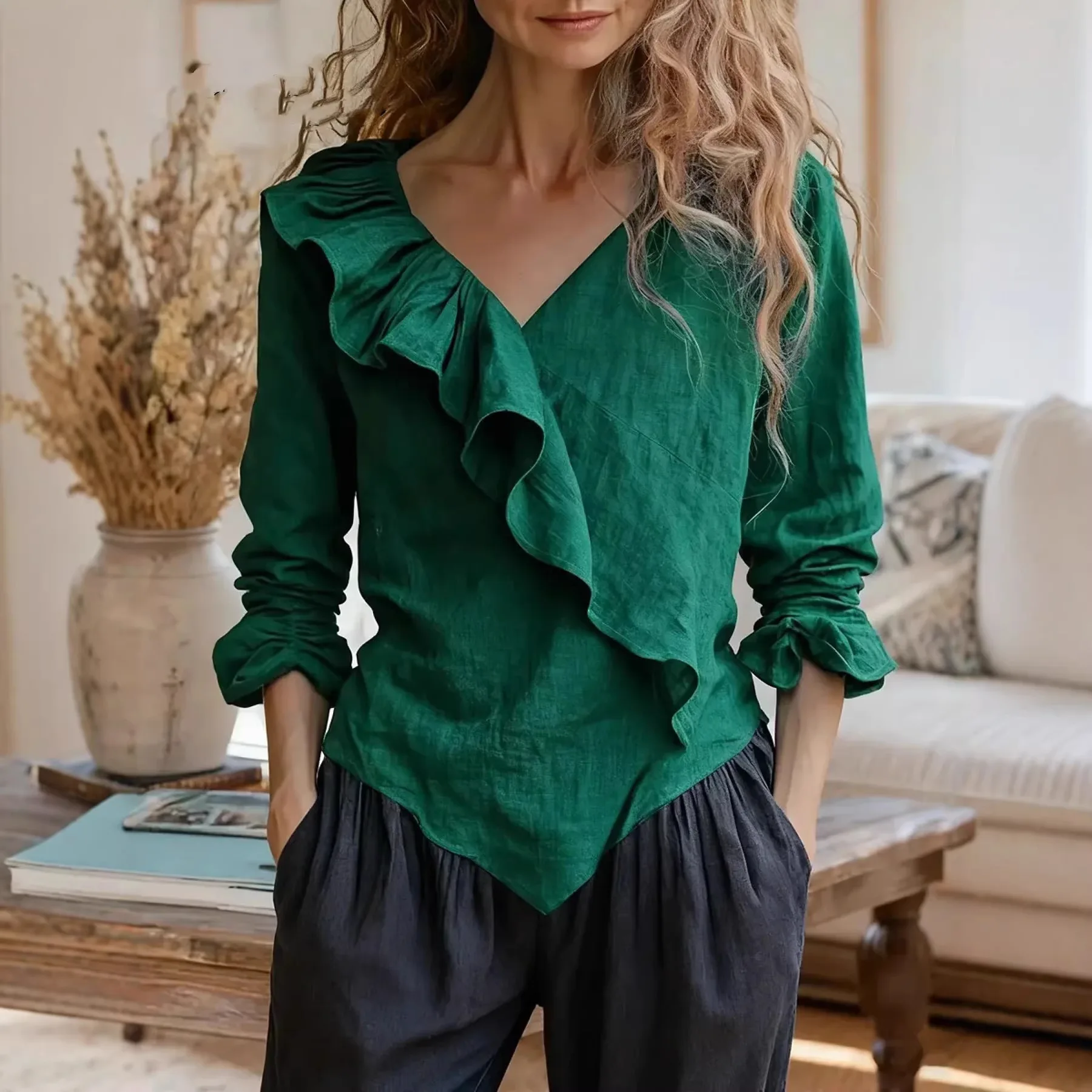 

2026 Women's Spring and Autumn New Fashion Solid Color V-neck Long Sleeve Daily Commuting Casual Loose Ruffle Top for Women