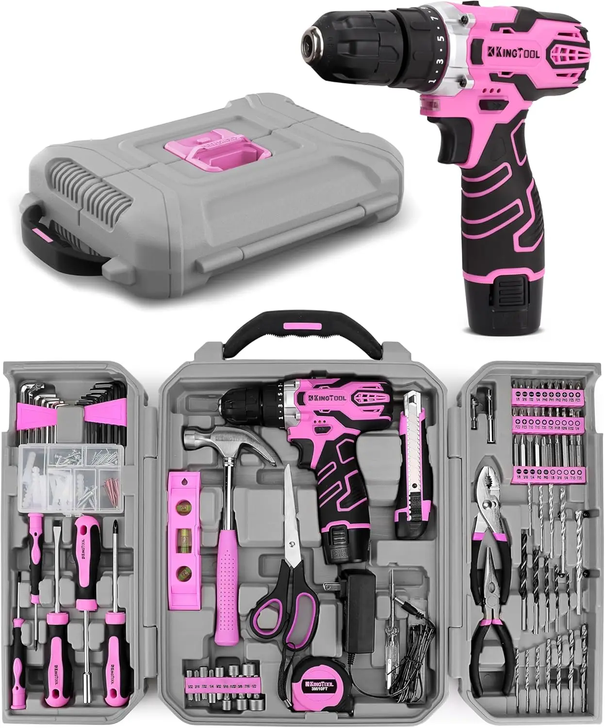 gtool Home Tool Kit Set - 219 Pieces Pink Tool Kit With 12V Max Power Cordless Drill, Tool Kit For Women, Household Tool Set