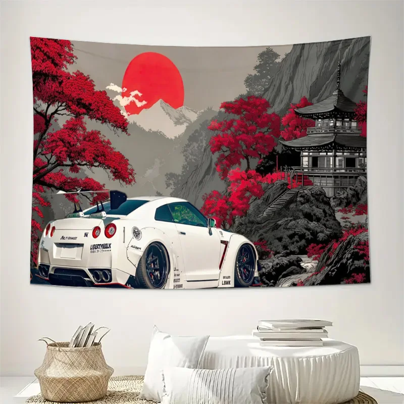 Japanese Sunrise Skyline Car Art Tapestry Honda S2000 Anime Style Wall Decor for Man Room