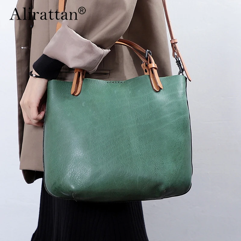 

Alirattan 2025 Genuine Leather Women's Shoulder Bag Fashion Large Capacity Handbag Retro Commuter Bag Crossbody Bag Wholesale