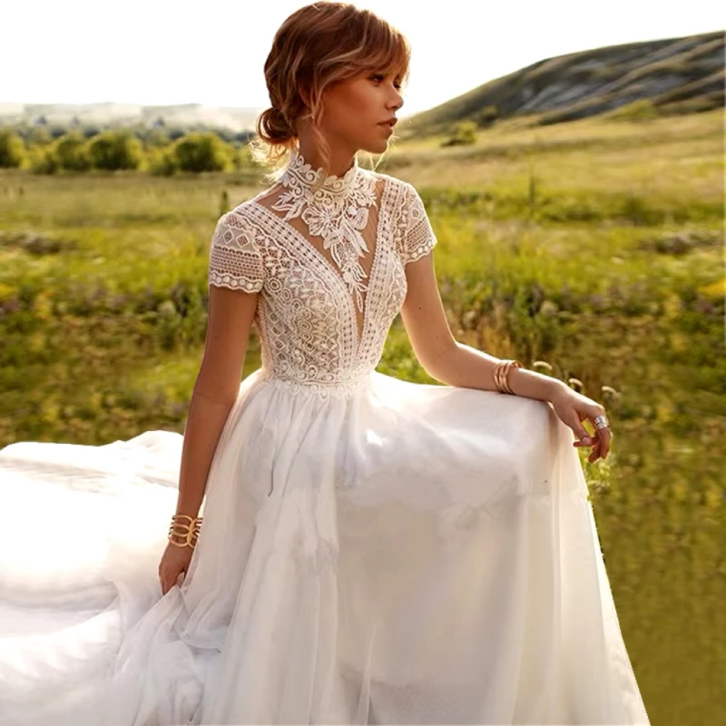 High Neck Wedding Bride Dresses Short Sleeves Top Lace A-line Backless Wedding Gown For Elegant Bridal 2024