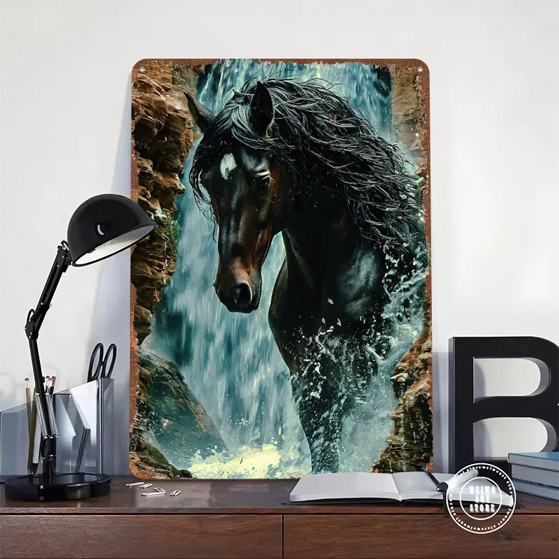 Horse in Waterfall 3D Texture Metal Poster Customized Wall Art Tin Sign Gift for Mancave Vintage Decoration Room Home Decor Men