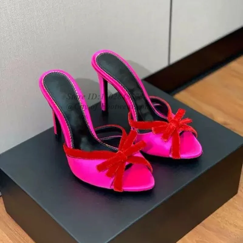 الملونة لطيف القوس اللمحة تو النعال المرأة جلدية الساتان عالية الكعب حجم كبير البغال الفاخرة مصمم الوردي/الأخضر أحذية تاريخ الحفلات