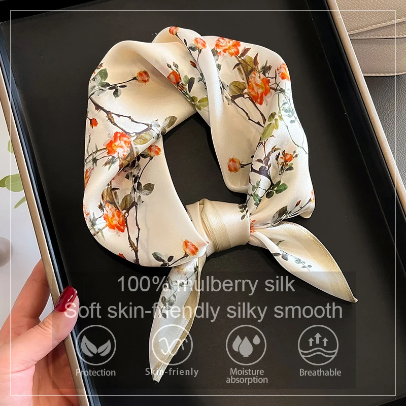 

100% Silk Scarf Plum Blossom Pattern Square Scarves for Women Wrap Kerchief Mulberry Silk Bandana Fashion Luxury Headband Hijab