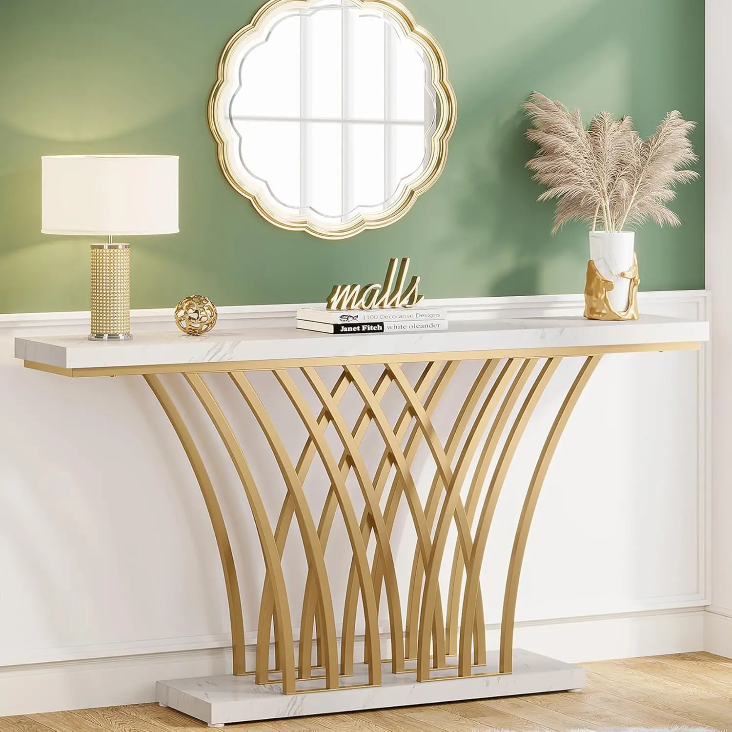 59 inch Gold Console Table, Modern Entryway Table with Grid-Shaped Metal Base for Entrance, Hallway, Entryway, Living Room(White