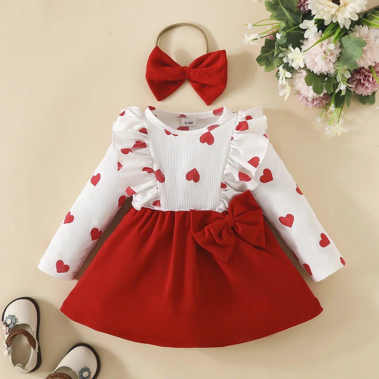 2 pc/set bebê menina vestido cor bloqueando flores quebradas grande arco vestido de princesa + bandana vestidos de moda infantil