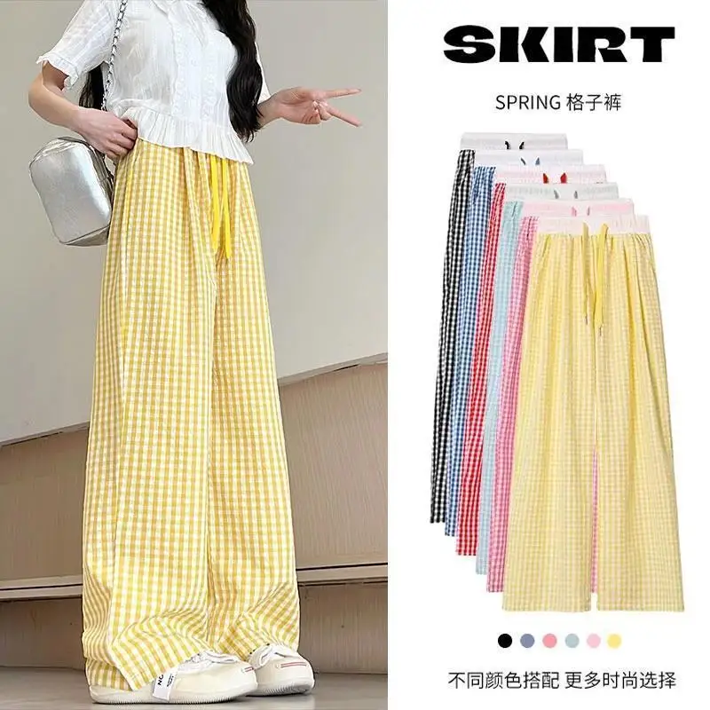 

Women's Plaid Pants Summer Thin Suit Drapey Checkered Ice Silk Wide-leg Casual Straight-leg Girls' Sports Running Wide-leg Pants