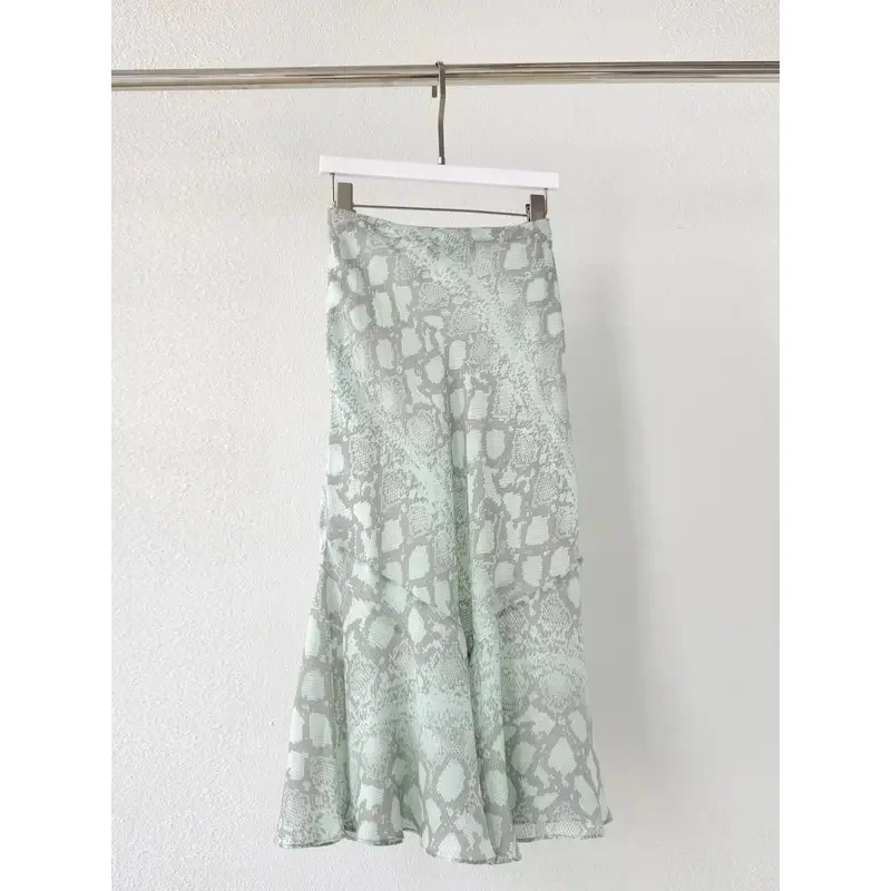 

100% Silk Ladies Snake Pattern Print Midi Skirt 2025 New High Waist A-Line Elegant Female Jupe