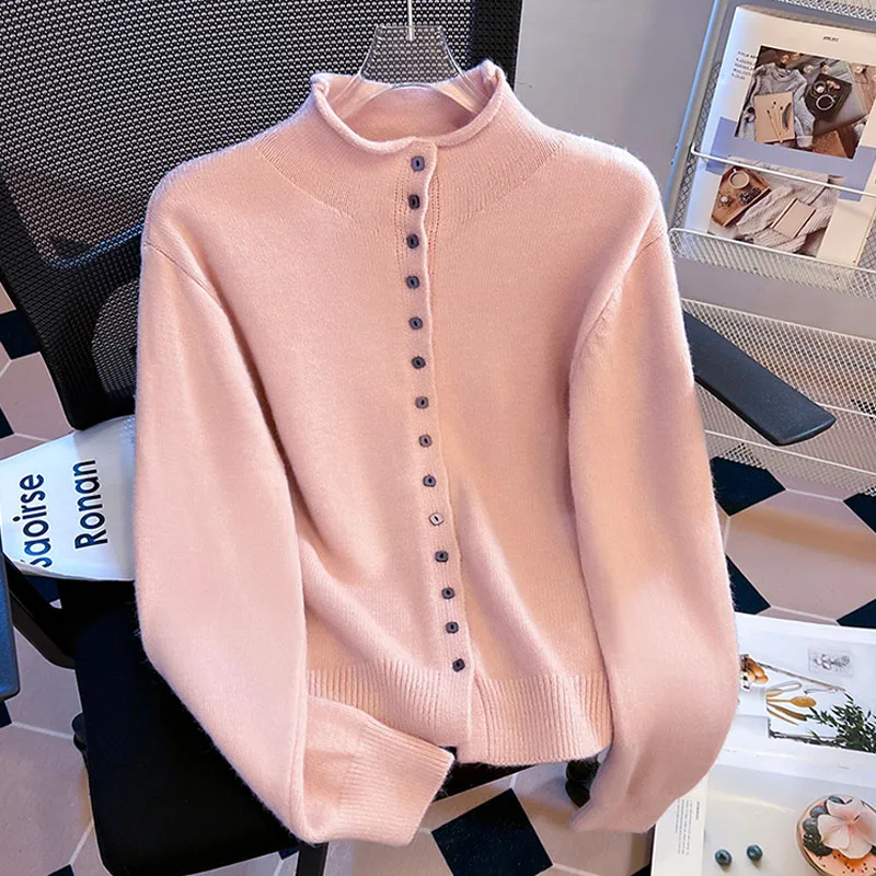 

Korean Gentle Half Turtleneck Soft Sweater Cardigan Autumn Women Solid Color Single Breasted Knit Coat Sweet Versatile Lady Tops