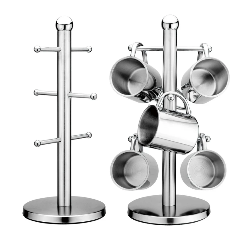 Stainless Steel Tree Mug Rack Tree Tea Cup Storage Holder Stand Home Mug Hanging Display Drinkware Shelf 6 Hooks X3UC