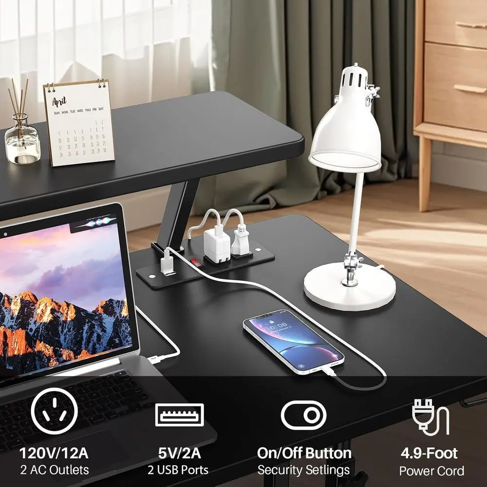 Escritorio de pie ergonómico ajustable con alimentación, soporte para monitor y almacenamiento para computadoras portátiles (negro)