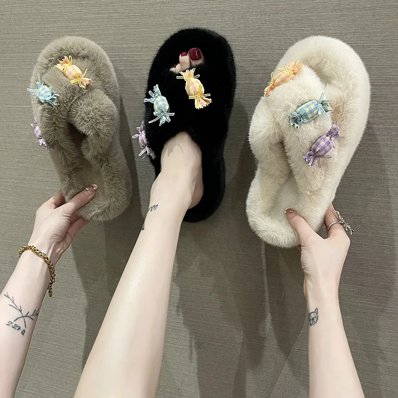 

2022 Women's Slippers Fluffy Flip Flops Furry Slides Bow Drip Oil Slippers Flat Faux Fur Slippers Female Platform Shoes Womans