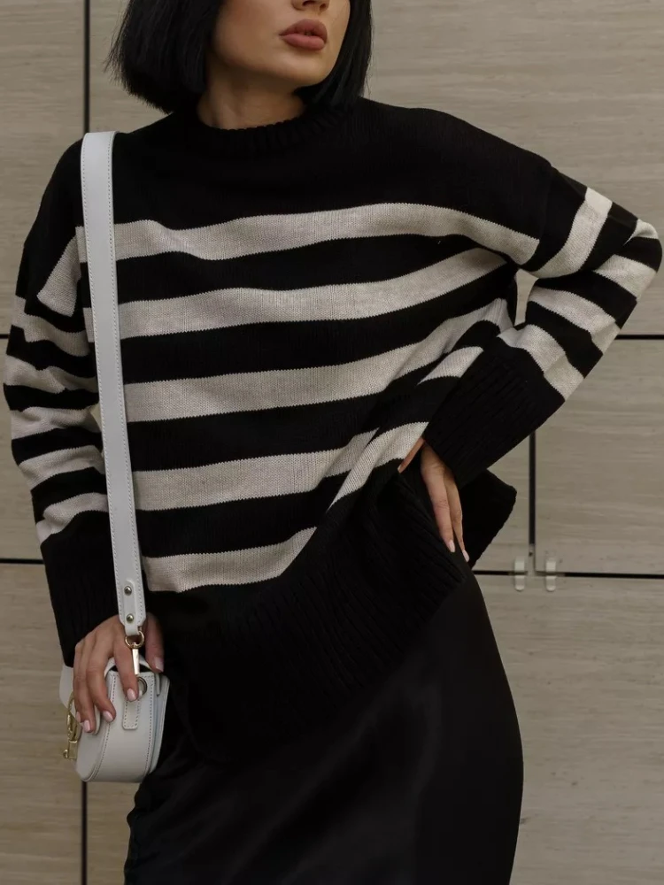 Herfst Winter Nieuwe elegante mode gestreepte trui Top Pullover Ronde hals Middellange losse casual damestrui met lange mouwen