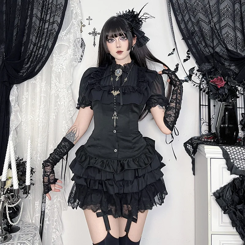 Gothic Lace irt Bla Lolita Top k Cos Pure Desire High-End Sensation loween Costume Women's ort Sve Slim Fit Bl...