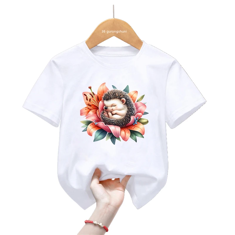 

Zoo Lying Among Flowers Print T Shirt Girls/Boys Panda/Pig/Cat/Monkey/Elephant/Hedgehog/Sloth/Koala Tshirt Kawaii Kids Clothes