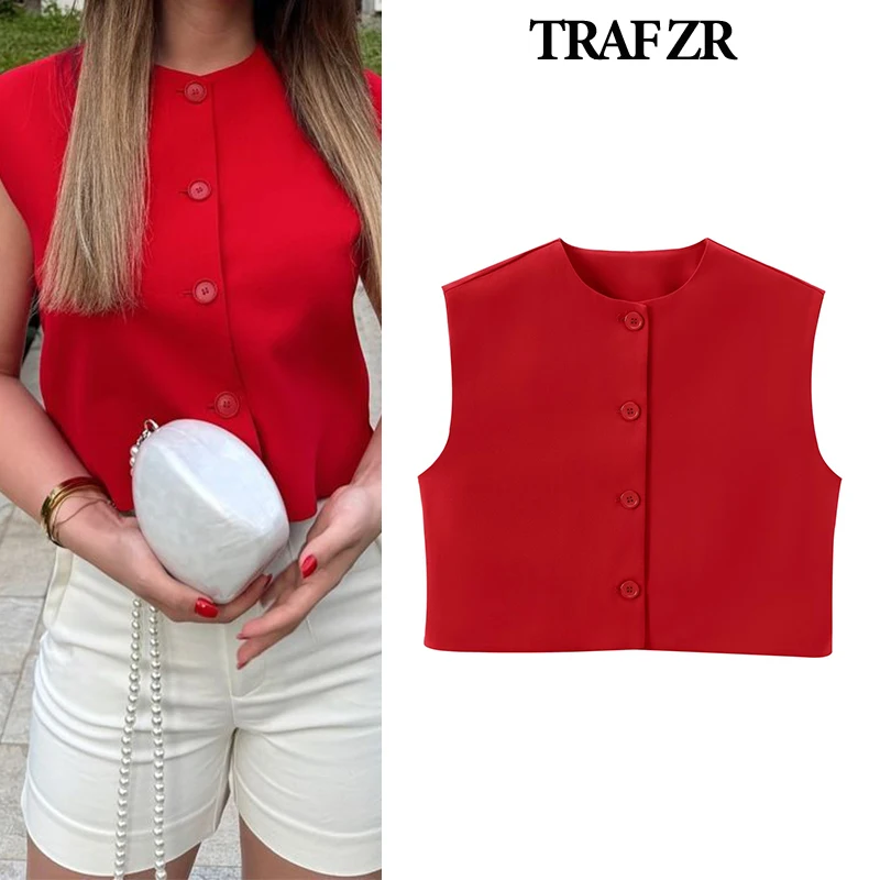 TRAF ZR Basics Vests Ladies Tops Sleeveless Women\'s Fashion Classic Vests Women 2024 Holiday Tops Distressed Vintage vest