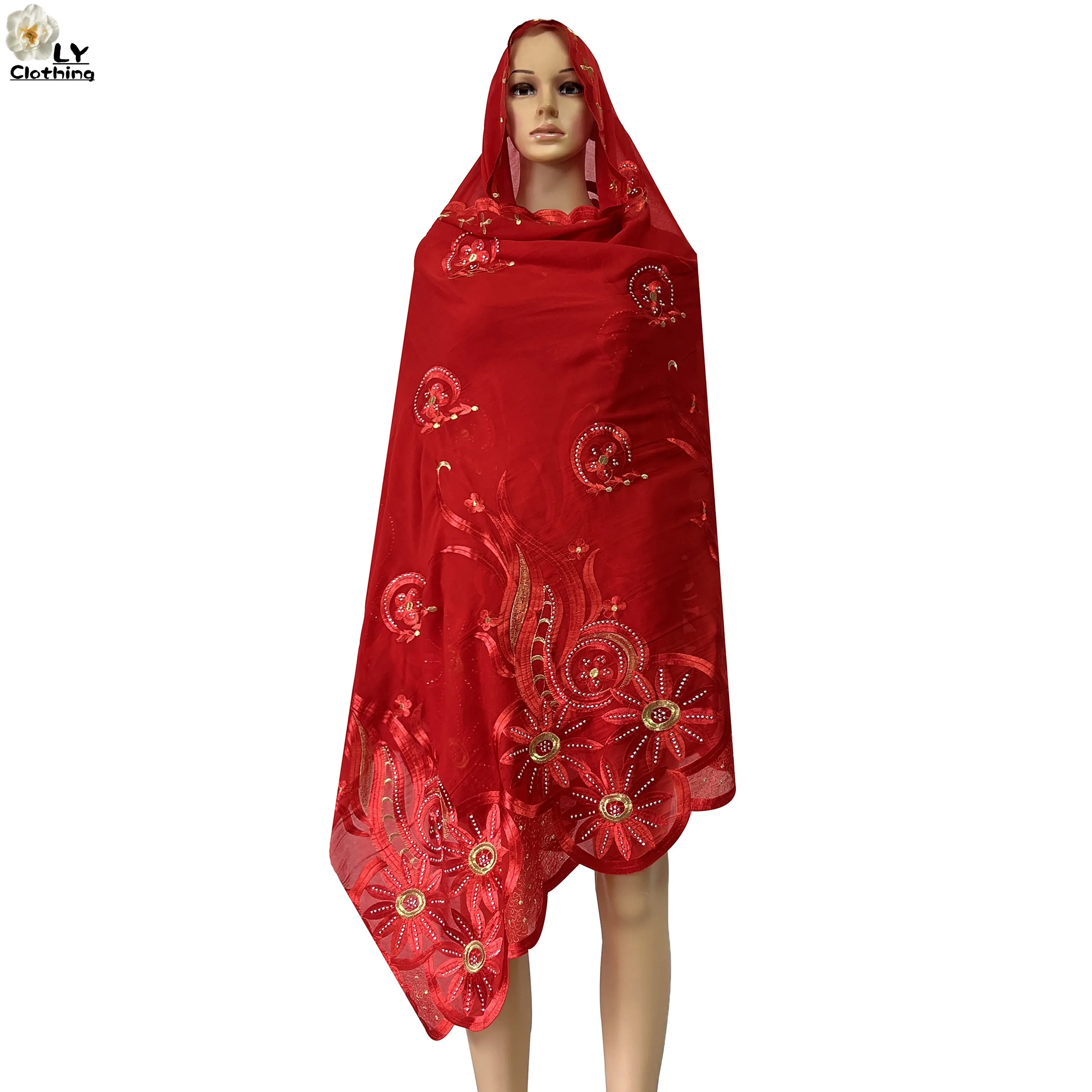 2023 New Dubai Woman Scarf 100%Cotton Large-sized Embroidery Perforated Long Scarf African Muslim Women's Headscarf For Prayer