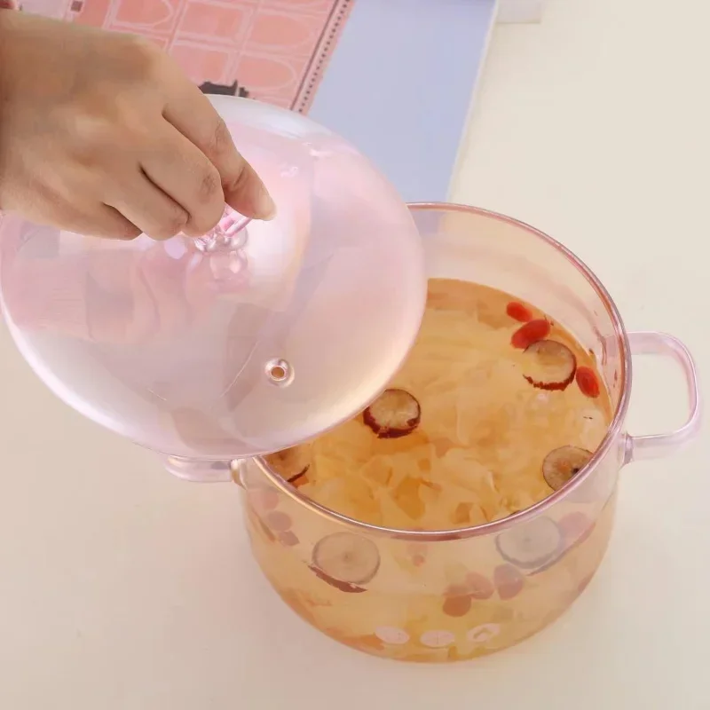Pink Glass Pan 1.5L High Borosilicate Stew Pot with Two Handles Transparent Soup Pot Love Design Romantic Cookware