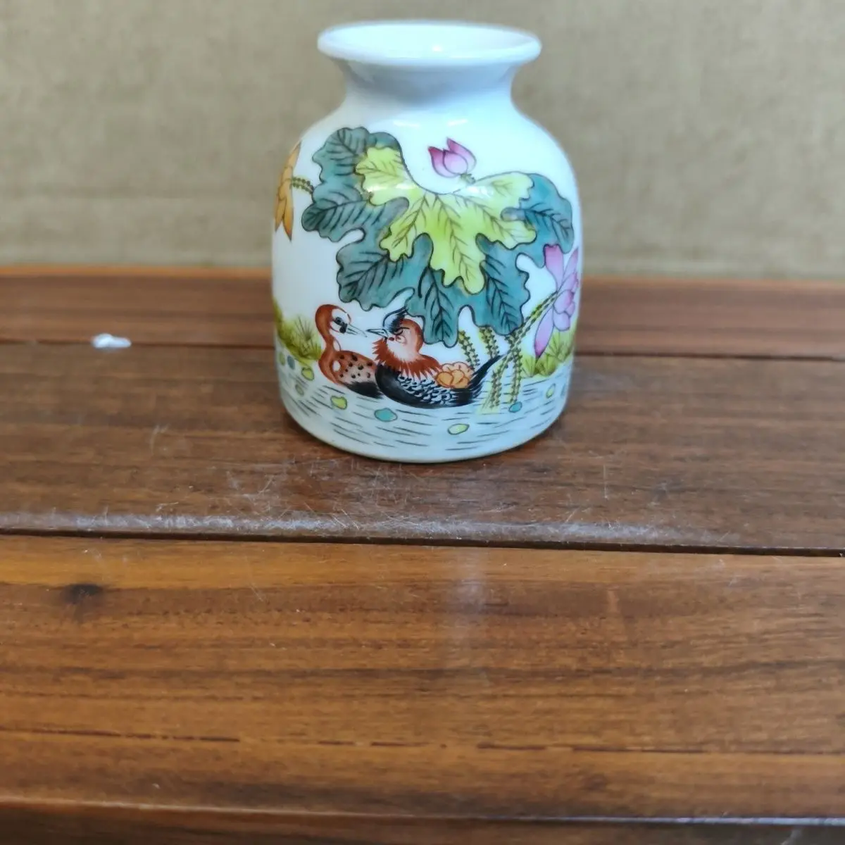 Vintage Chinese Scholar Stationery Hand Painted Lotus Mandarin Duck Water Decorative Ceramic Jar For Study Room Display