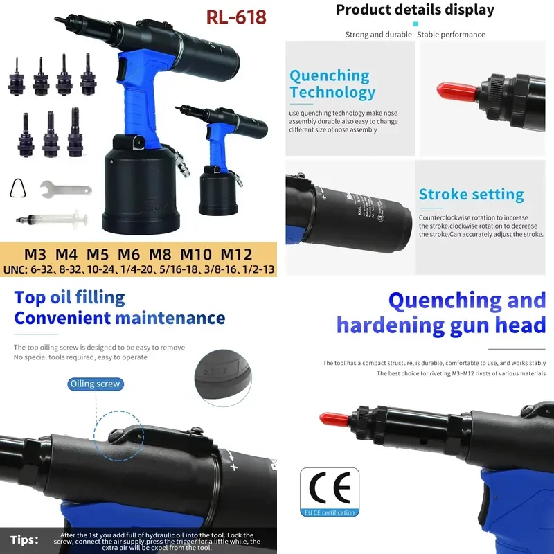 Lightweight Pneumatic Riveter for Automatic Rivet Nut M3 to M12 Hydraulic Industrial Quick Riveting Tool Upgraded RL-6312
