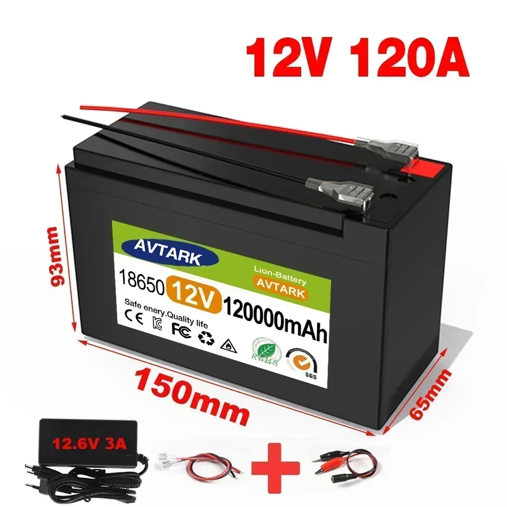 

NEW 120Ah LiFePO4 12V Lithium-ion Rechargeable Battery Pack with 12.6V DC with 3A Charger CR123A Compatible DC Bus Head Cable