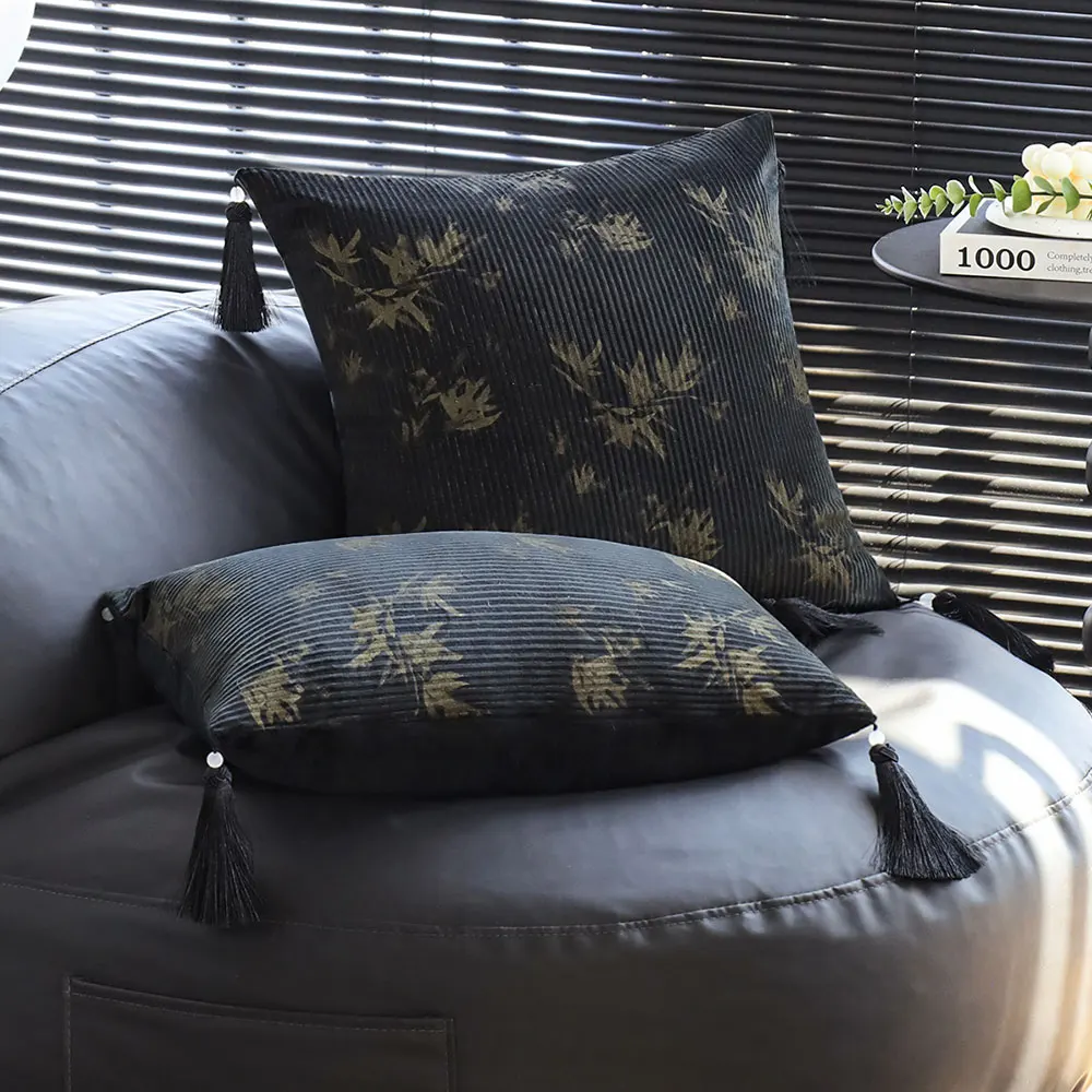 Chinese Style Vintage Cushion Cover with Tassels Living Room Sofa Soft Throw Pillow Cover Velvet  Bamboo Leaf Print Pillow Case