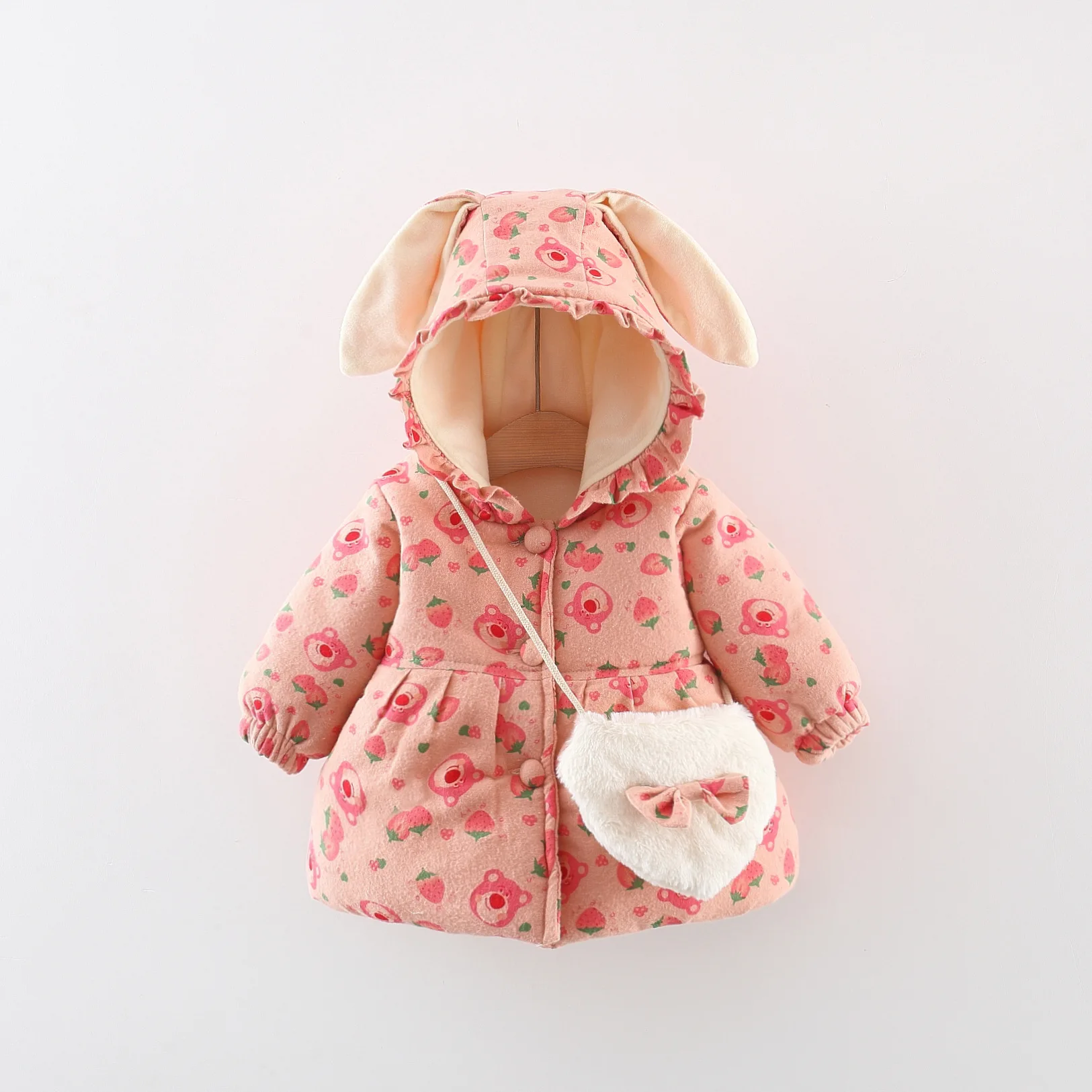 Winter Girls\' Cotton Coat New Children\'s Clothing With Rabbit Ears Cartoon Teddy Bear Buttons Hooded Cotton Jacket And Bag