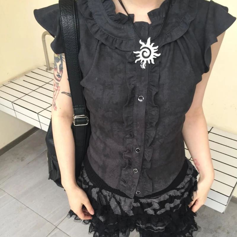 Deeptown Blus Ruffle Jepang 2000S Kemeja Tanpa Lengan Y2k Gotik Hitam Wanita Harajuku Gyaru Lengan Terbang Musim Panas