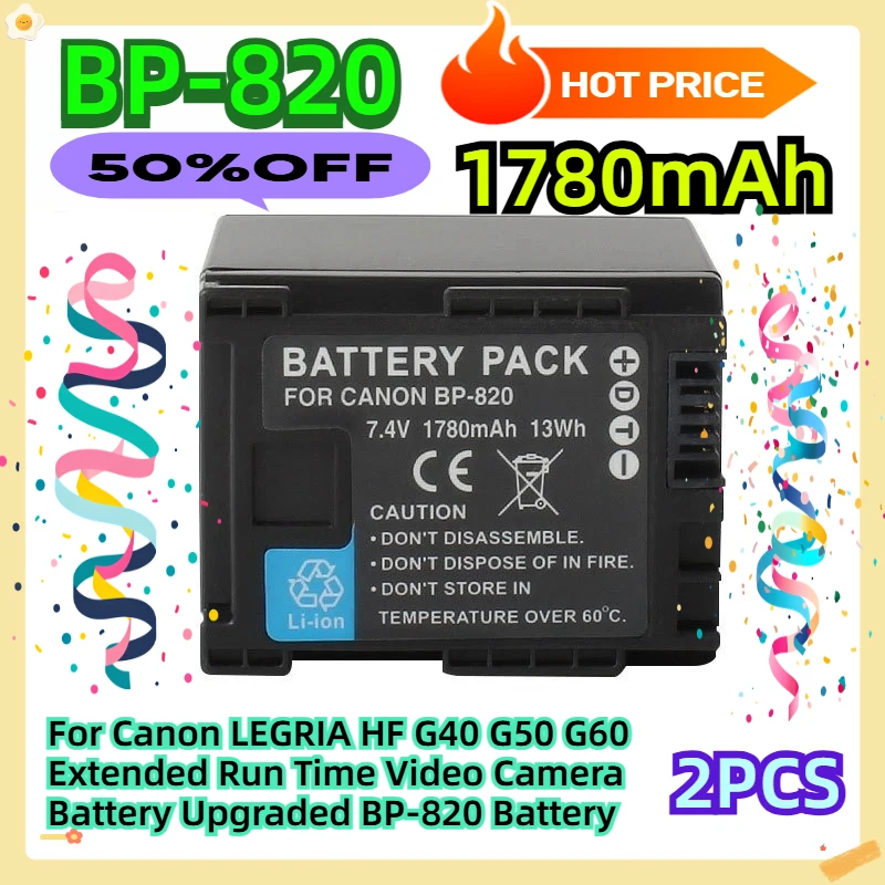 

For Canon LEGRIA HF G40 G50 G60 Extended Run Time Video Camera Battery 1780mAH Upgraded BP-820 Battery 2pcs