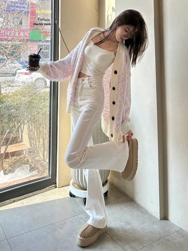 

American Style High Waist Slimming White Micro Flared Jeans Women's Small Size Early Spring New Narrow Version Hoof Pants