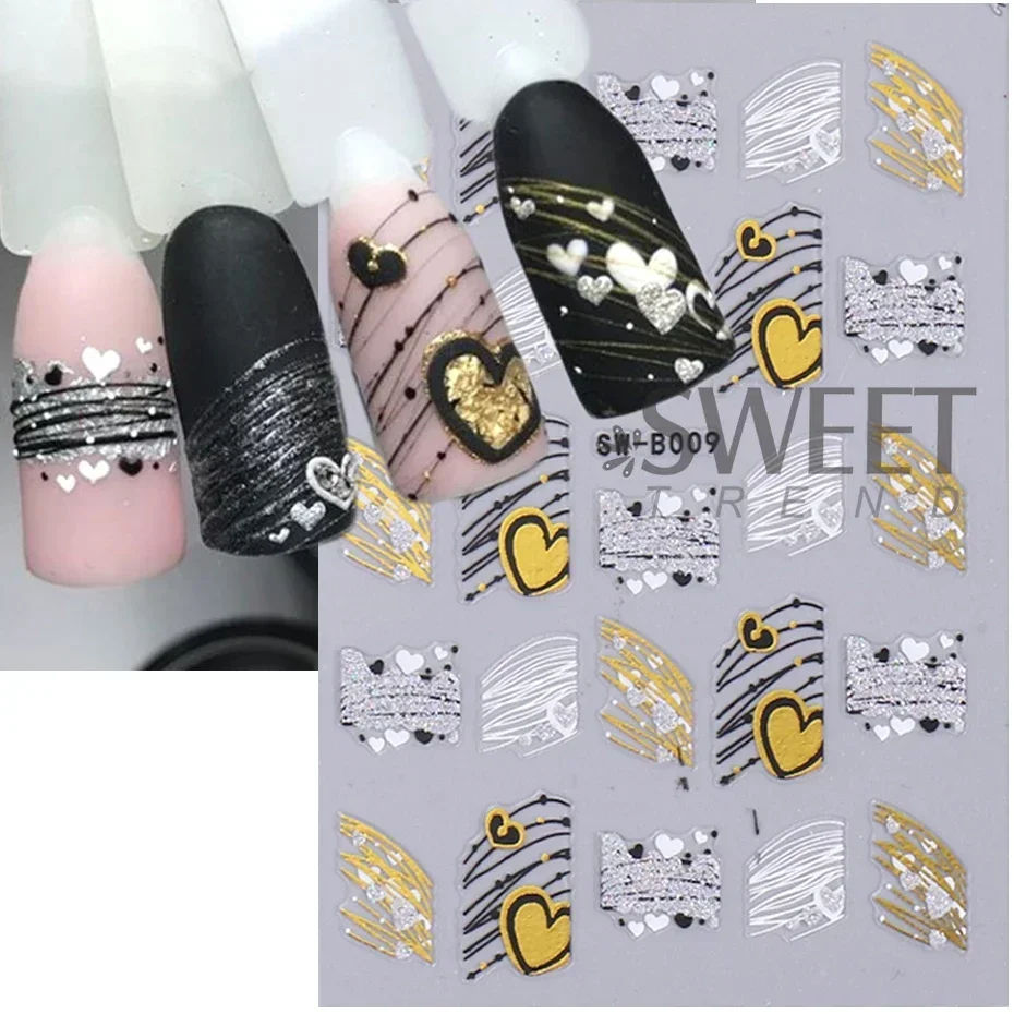 Red Wing Coração Unhas Adesivos, 3D Glitter Estrelas, Lua, Linhas Folha, Manicure Metálico, Decalque dos Namorados, Slider, Manicure Decoração, Dicas