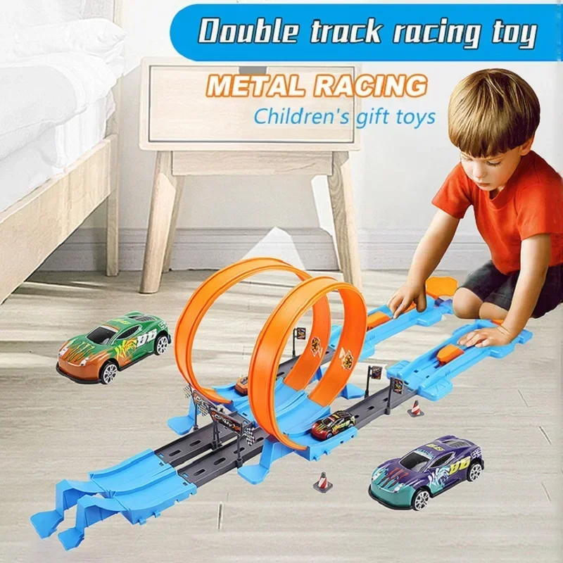 

Hot Stunt Speed Double Car Wheels Model Racing Track Diy Assembled Rail Kits Catapult Rail Car Racing Boy Toys For Children Gift