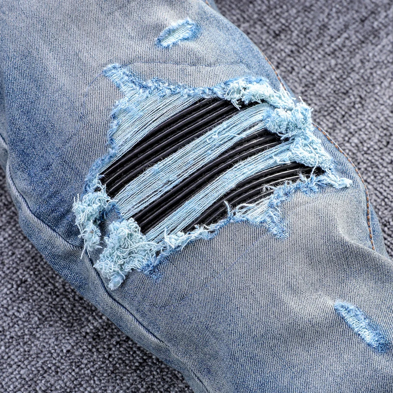 High Street Fashion Men Jeans Retro Blue Stretch Skinny Fit Ripped Jeans Men Black Leather Patched Designer Hip Hop Brand Pant