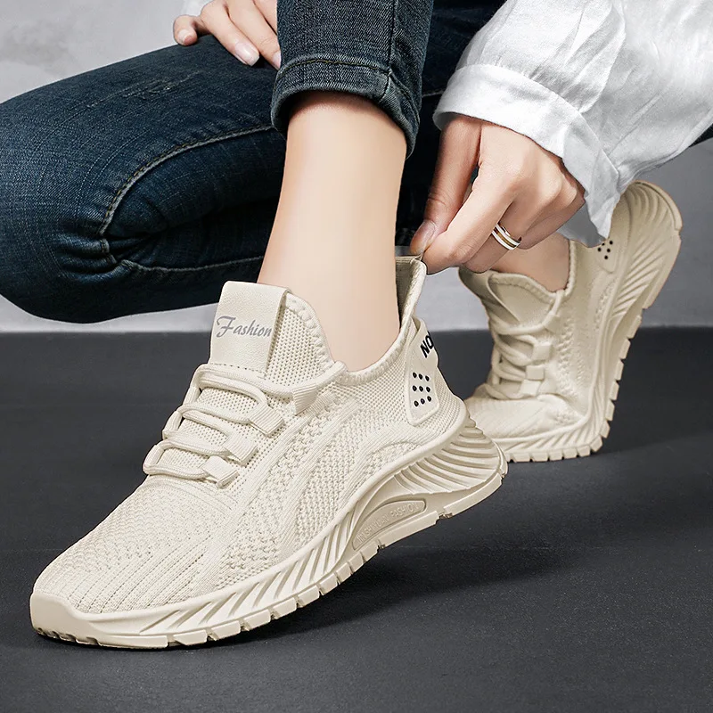 Women Lace Up Running Shoes Sporty Outdoor Beige Fabric Sneakers Comfort Lightweight Non Slip Athletic Shoes for Gym Work Casual