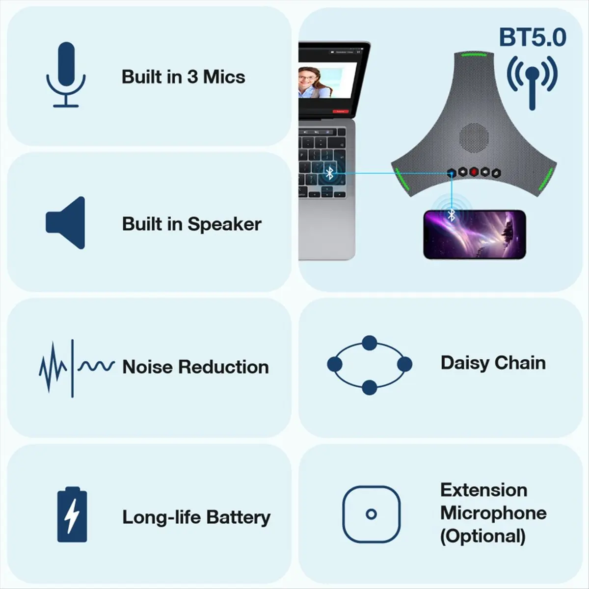 DT953 Mon.Omni-Directional Microphone Portable Conference Speaker -5M Pickup Radius Bluetooth Wireless Cascade Microphone
