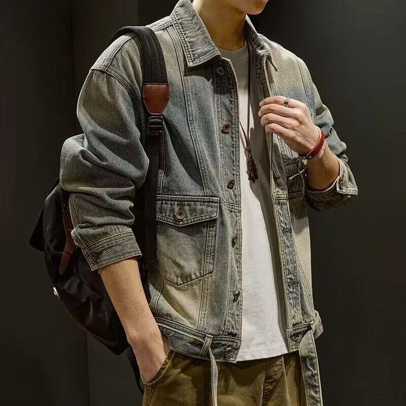 

Retro Premium Sense Denim Jacket for Men, New Spring Autumn Multi-Pocket Mens Fashion Workwear Style Casual Loose Outerwear