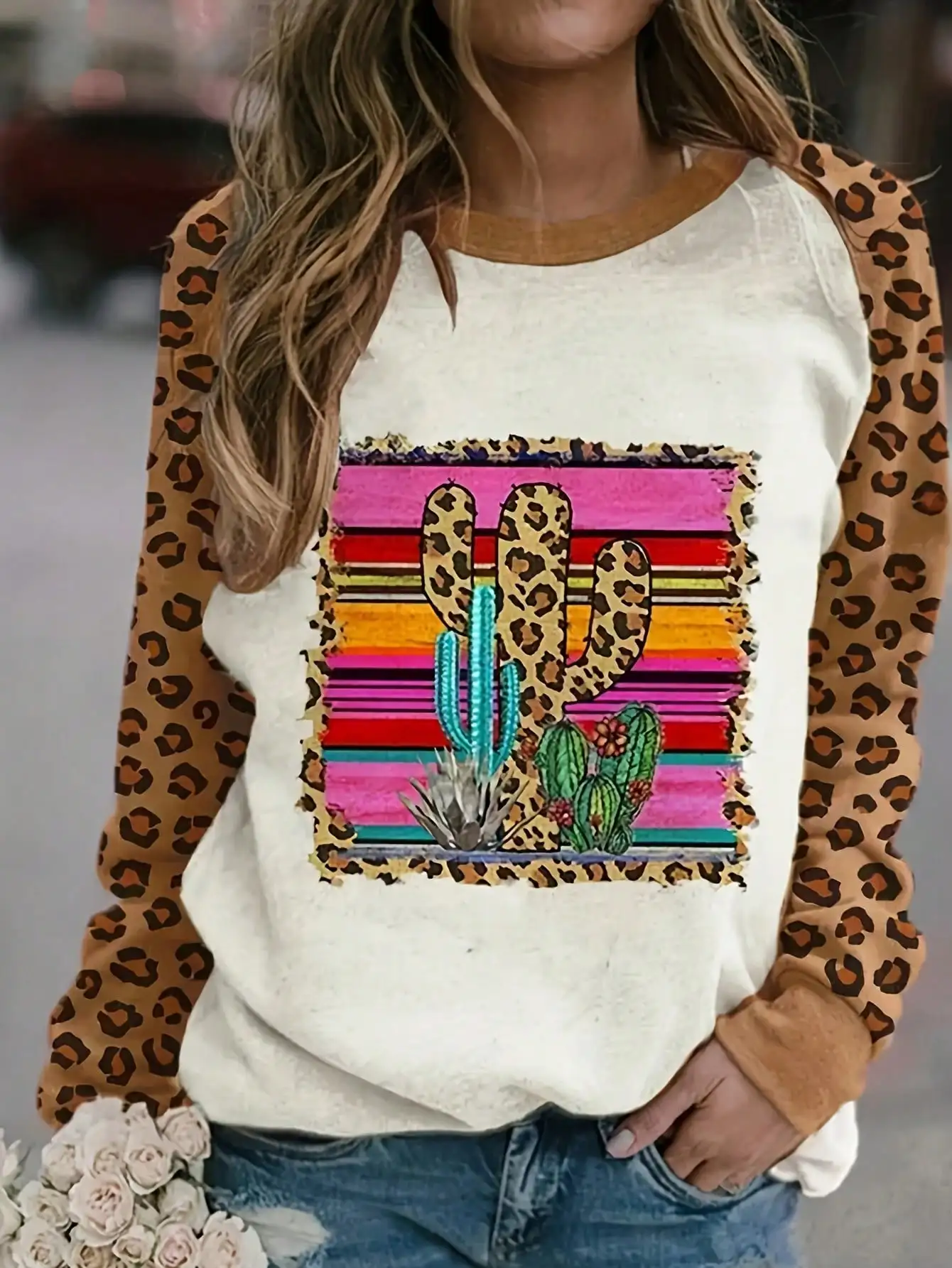 Women's Printed Thin Sweatshirt Fashion Casual Round Neck Long Sleeve Pullover Sweatshirt