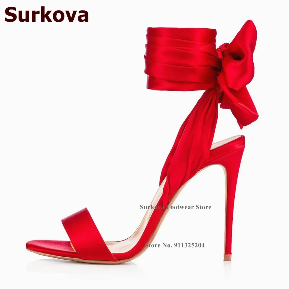 Surkova Hot Red Satin Fabric Big Bowtie Sandals Thin High Heel Silk Cloth Lace-up Butterfly-knot Wedding Shoes Plus Size46 Pumps