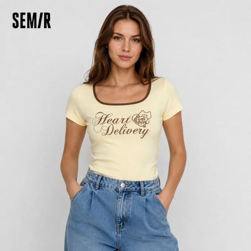 Women Tshirt Color Block Square Neck Short Length Casual Fashion 2026 Summer Sweet Stylish Daily Comfort Wear Top