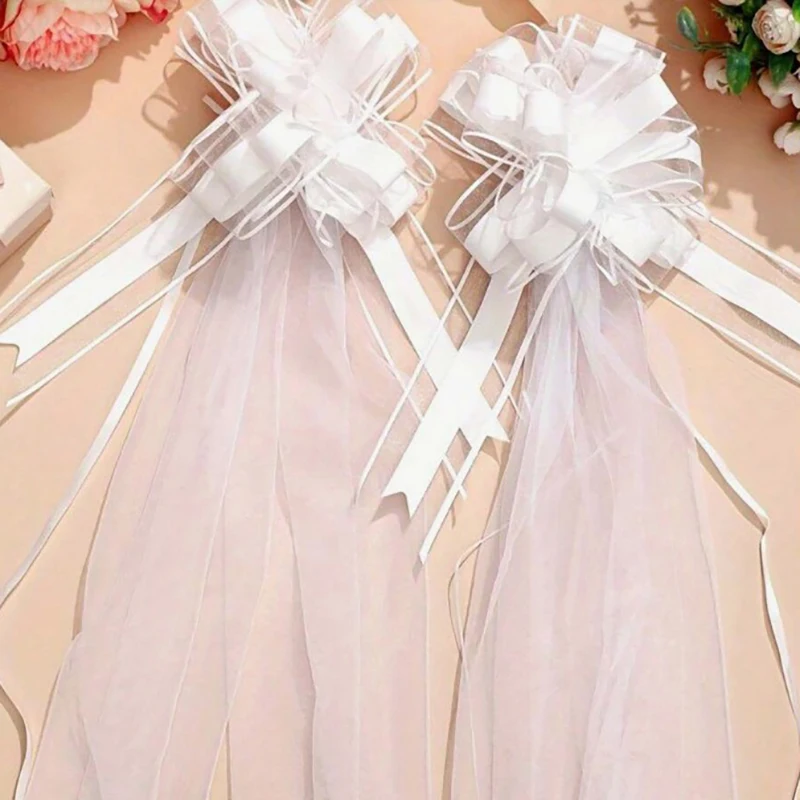 Chair and Church Wedding Pew Bows with Long Tulle Tails; Ornament for Ceremony Aisle and Bridal Car Decor view 5
