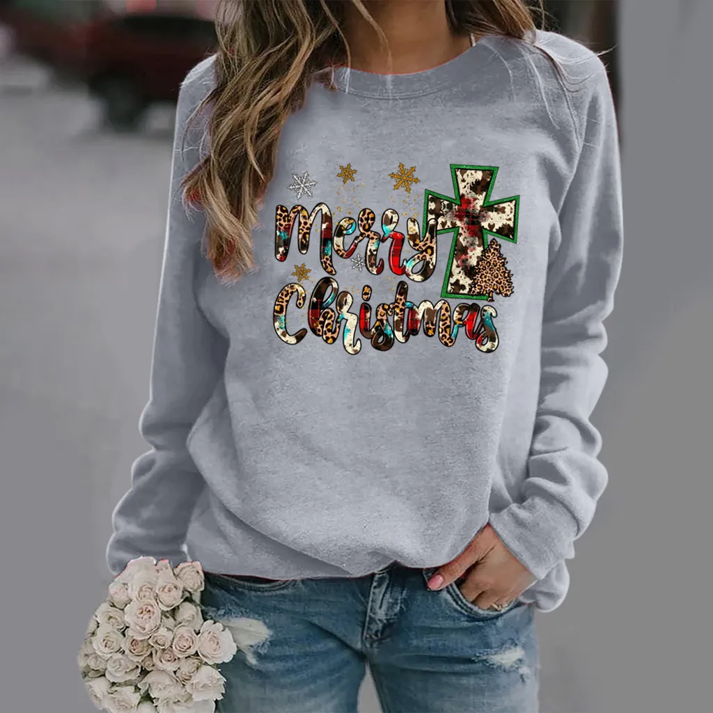 Christmas Letter Skeleton Hand Print Long Sleeve Crew Neck Hoodie for Women Sweatshirt  Aesthetic  Sweatshirts